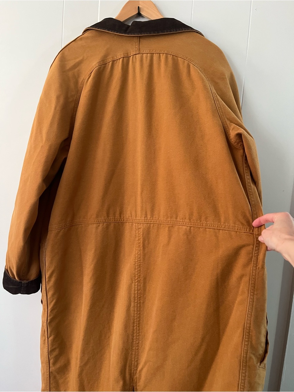 Vintage LL Bean Sherpa Lined Aztec Duster Coat Canvas Chore Rancher Tan Trench - Picture 13 of 16